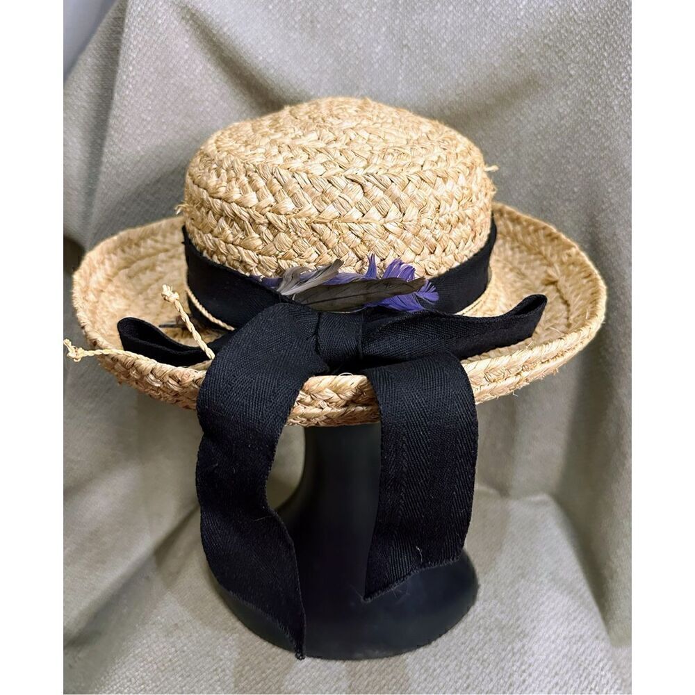 Vintage Scala Collection Woven Straw Hat Black Ribbon Trim Bow Feather Boho